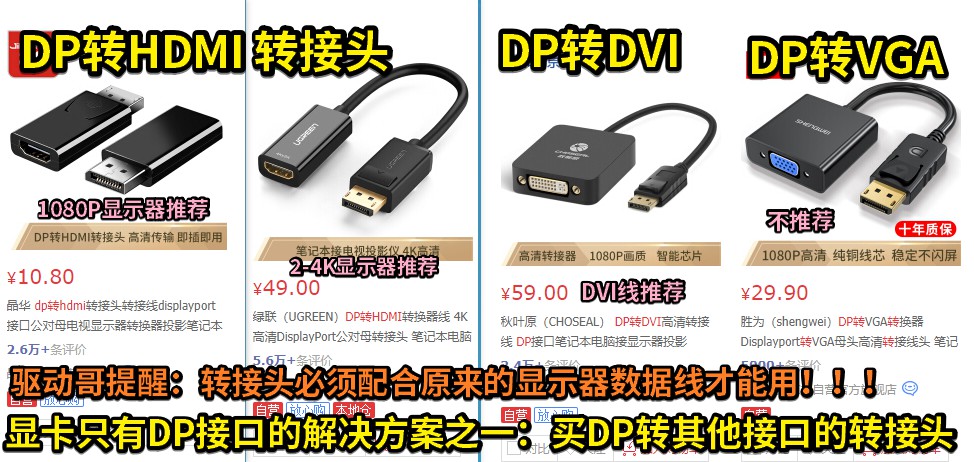 05 显卡只有DP接口的解决方案之一：买DP转其他接口的转接头.jpg