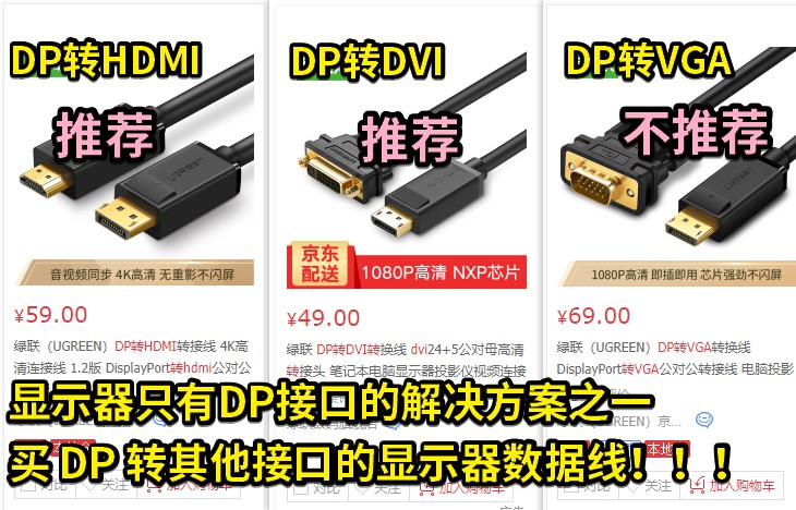 06 显示器只有DP接口的解决方案之一 ，买DP转其他接口的数据线.jpg