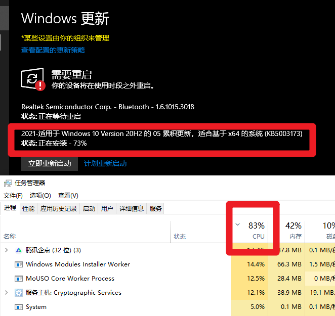 2021年5月补丁KB5003173,修复Win10 20H2/20H1版CPU占用超高的问题 2021年5月补丁KB5003173,修复Win10 20H2/20H1版CPU占用超高的问题