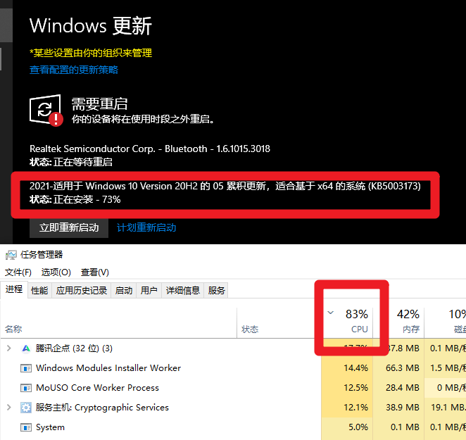 2021年5月补丁KB5003173，修复Win10 20H2/20H1版CPU占用超高的问题